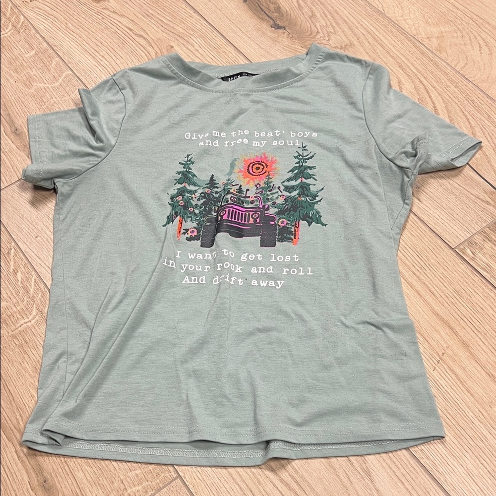 SHEIN Sage Green Tee with Forest and Jeep Print